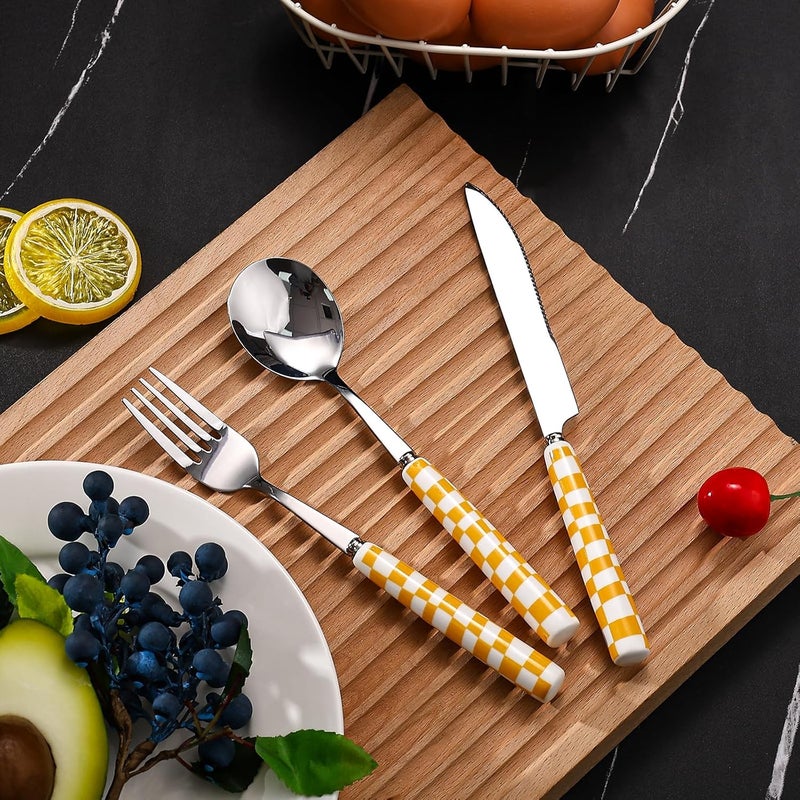 Koythin 3Piece Cutlery Set Stainless Steel Flatware Sets with Yellow Checkerboard Pattern Ceramic Handle Utensils including Knife Fork Spoon Yellow - Image 5