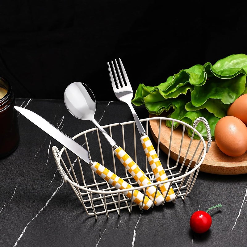 Koythin 3Piece Cutlery Set Stainless Steel Flatware Sets with Yellow Checkerboard Pattern Ceramic Handle Utensils including Knife Fork Spoon Yellow - Image 4
