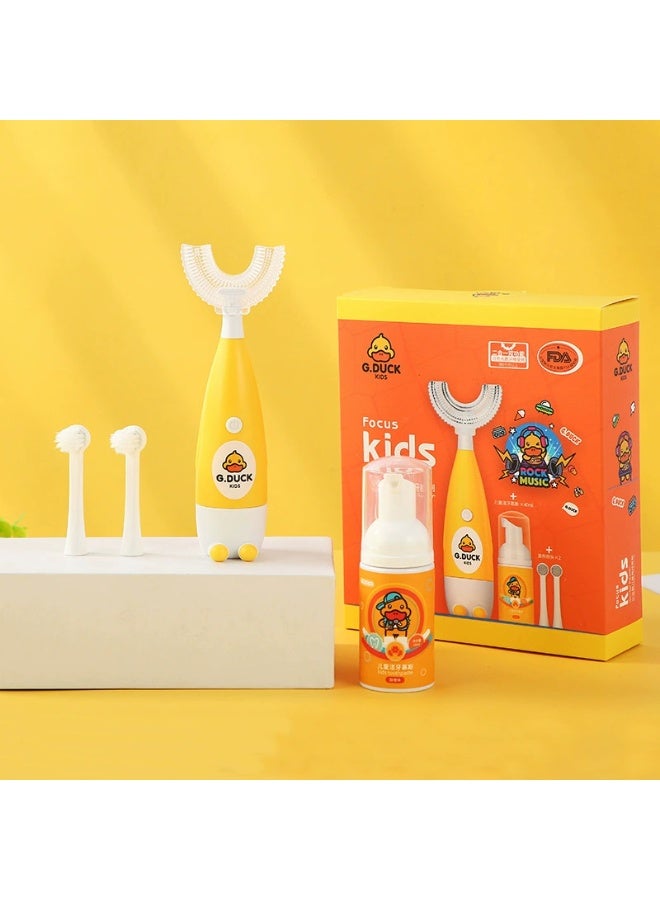 G.DUCK Yellow Duck Kids 2-in-1 Electric Toothbrush & Sonic Toothbrush Set | U-Shaped & Round Brush Heads | 30,000 VPM Gentle Sonic Cleaning | IPX7 Waterproof, Battery-Powered | Includes Foam Toothpaste & AAA Battery for Boys & Girls 2-12 Years - Image 1