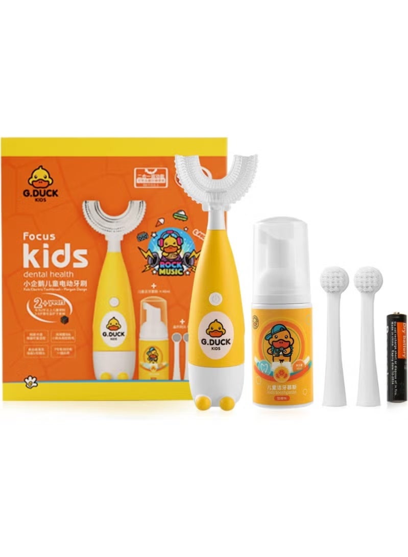 G.DUCK Yellow Duck Kids 2-in-1 Electric Toothbrush & Sonic Toothbrush Set | U-Shaped & Round Brush Heads | 30,000 VPM Gentle Sonic Cleaning | IPX7 Waterproof, Battery-Powered | Includes Foam Toothpaste & AAA Battery for Boys & Girls 2-12 Years - Image 2