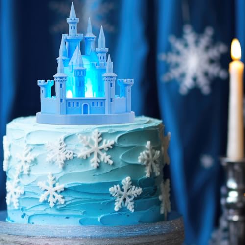 Baquler Castle Cake Topper Figurine Wedding Cake Topper Birthday Castle Night Light USB Rechargeable Princess Night Light for Wedding Birthday Party Decor(Blue) - Image 1