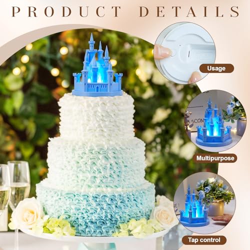 Baquler Castle Cake Topper Figurine Wedding Cake Topper Birthday Castle Night Light USB Rechargeable Princess Night Light for Wedding Birthday Party Decor(Blue) - Image 3