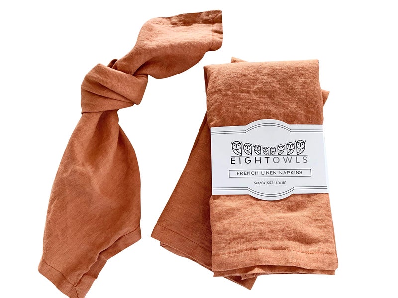 Linen Napkins 100 French Flax Stonewashed Pure Linen Cloth Napkins Size 18 Inch x 18 Inch Set of 4 Rustic Orange