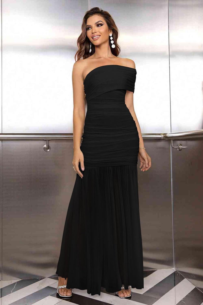 LAGSHIAN Women's Elegant Formal Long Dress One Shoulder Sleeveless Ruched Bodycon Evening Dress Black - Image 2