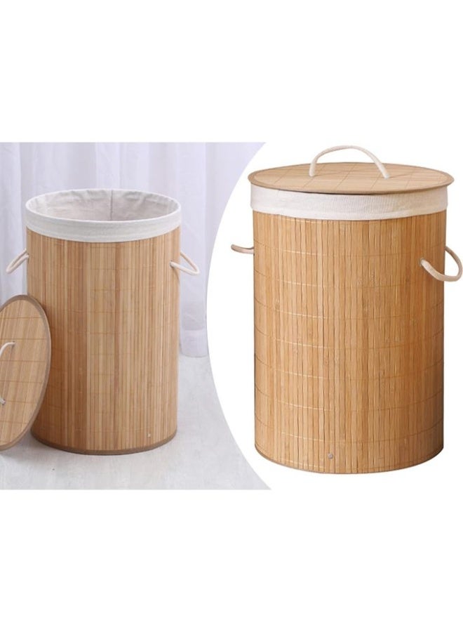 Round Foldable Bamboo Laundry Basket with Lid – Stylish & Multi-Purpose Home Storage - Image 1