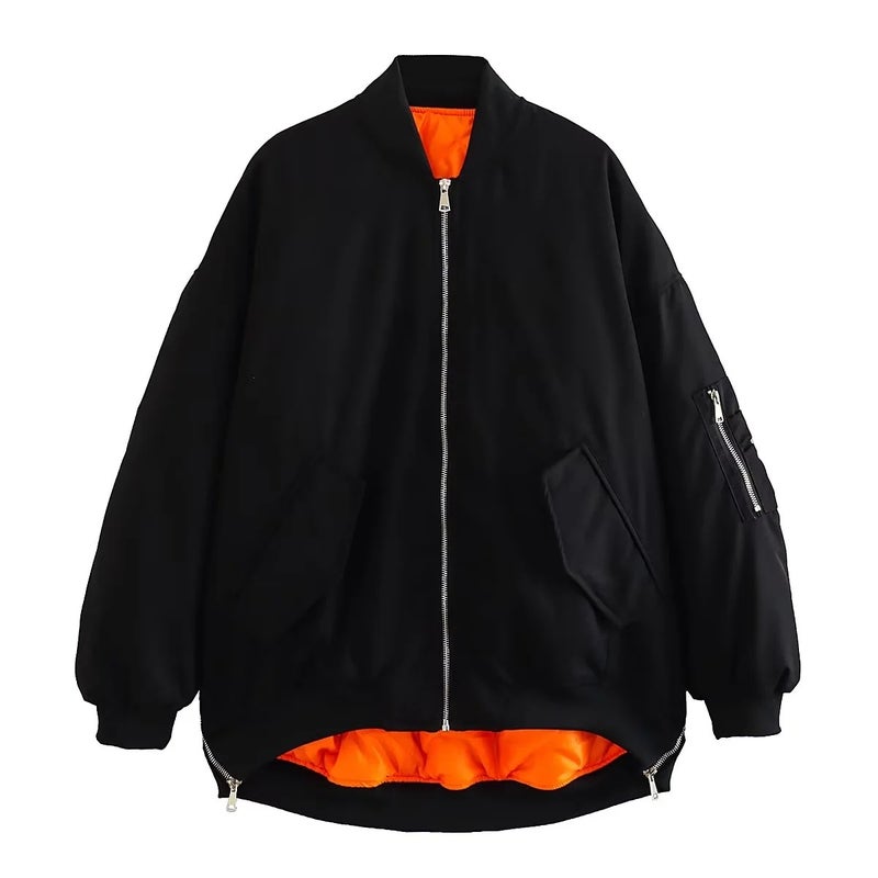 BM Boyfriend Neutral Style Vertical Collar Zipper Flying Cardigan Jacket Fashion Loose All-match Casual Solid Color Jacket Top black 