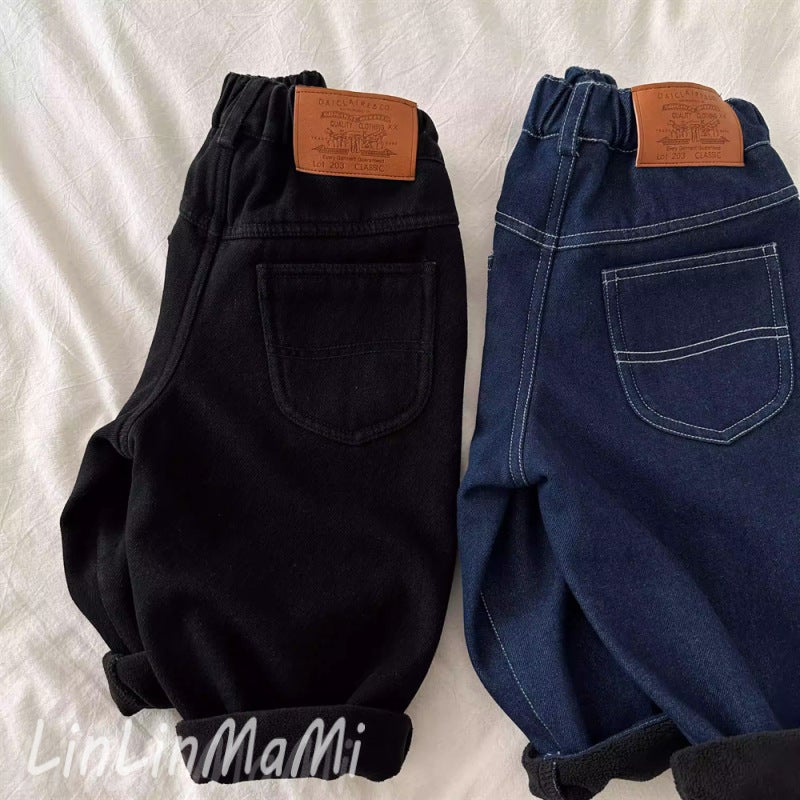 Children'S Fleece-Lined Jeans Boys And Girls Fleece-Lined Jeans Baby Integrated Fleece Casual Straight-Leg Pants Trendy - Image 2