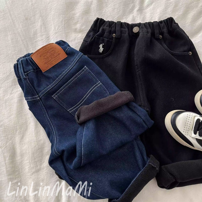 Children'S Fleece-Lined Jeans Boys And Girls Fleece-Lined Jeans Baby Integrated Fleece Casual Straight-Leg Pants Trendy - Image 1