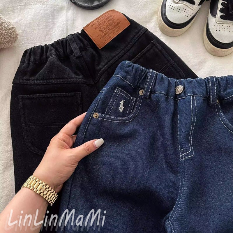Children'S Fleece-Lined Jeans Boys And Girls Fleece-Lined Jeans Baby Integrated Fleece Casual Straight-Leg Pants Trendy - Image 4