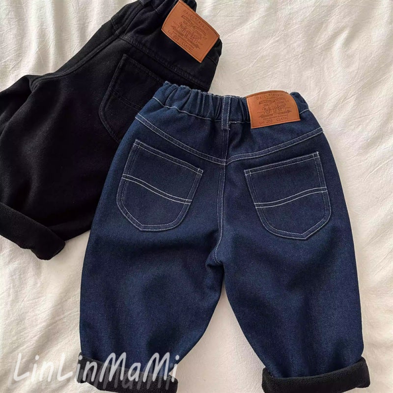 Children'S Fleece-Lined Jeans Boys And Girls Fleece-Lined Jeans Baby Integrated Fleece Casual Straight-Leg Pants Trendy - Image 3