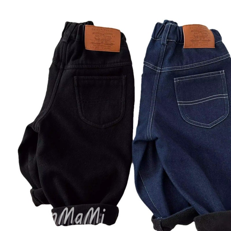Children'S Fleece-Lined Jeans Boys And Girls Fleece-Lined Jeans Baby Integrated Fleece Casual Straight-Leg Pants Trendy - Image 5