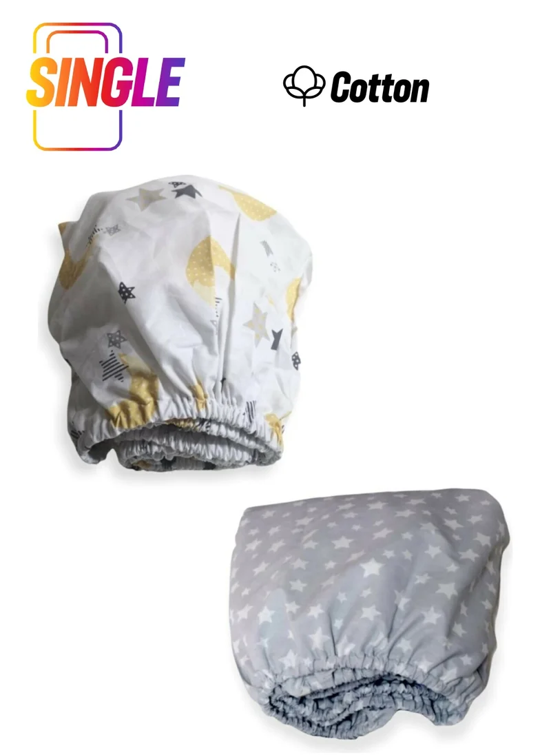 Bebek Özel Baby Special Cotton Baby and Kids Fitted Sheet with Yellow Moon and Gray Stars on the Background 60X120 (2 Pieces)