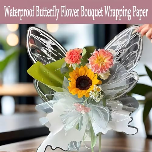 Ylapagne Crystal Butterfly Flower Bouquet Wrapping Paper Clear Floral Wraps Packaging Bouquet Accessories for Valentine's Day Wedding Birthday DIY Craft,20 Sets - 20 ×22 Inches (White) - Image 5