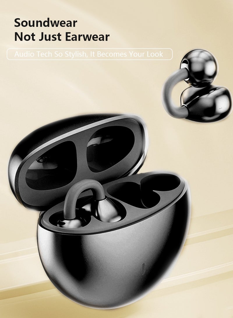 Open Ear Clip-On Earbuds Wireless Bluetooth 5.4 Headphones with Mic, Adaptive Comfort with Anti-Drop Design, Impactful Sound with Adaptive Bass Boost, Adaptive Noise Cancelling Calls, HiFi Sound Quality,Noise Cancelling,Waterproof,Sports Ear Buds (Black)  - Image 2
