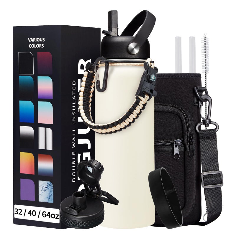 DIGJUPER 40oz Insulated Water Bottle - w/Straw Spout Lid  Bottle Holder with Strap  Paracord Handle  Protective Bottom Boot  Stainless Steel Metal Thermo Jug Flask Cold 48h & Hot 24h  Cream White - Image 1