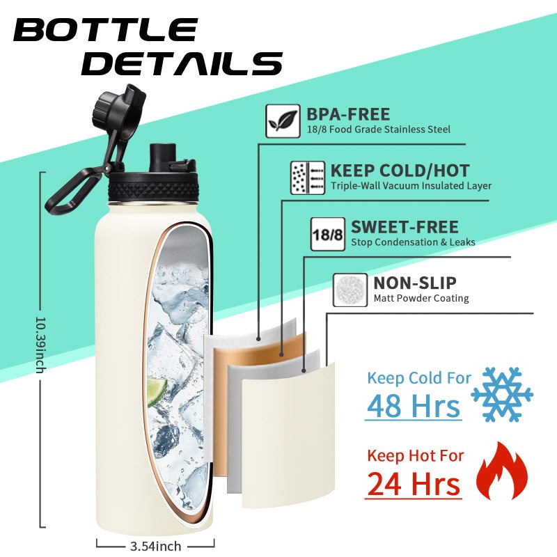 DIGJUPER 40oz Insulated Water Bottle - w/Straw Spout Lid  Bottle Holder with Strap  Paracord Handle  Protective Bottom Boot  Stainless Steel Metal Thermo Jug Flask Cold 48h & Hot 24h  Cream White - Image 3