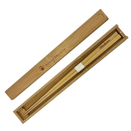 Albino Monkey Reusable Portable Travel Chopsticks Set with Case & Chopstick Holder | Natural Bamboo Wooden Japanese Chop sticks - In a Nice Gift Box - Image 1