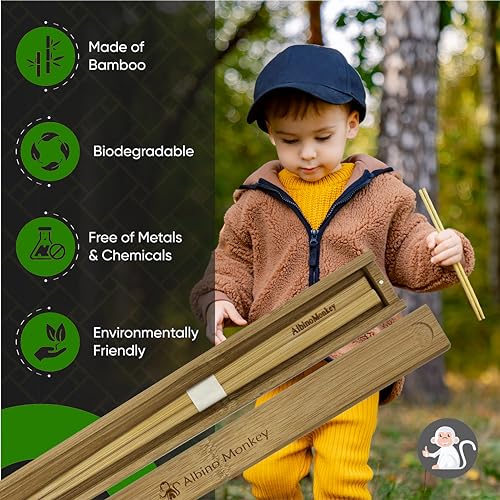 Albino Monkey Reusable Portable Travel Chopsticks Set with Case & Chopstick Holder | Natural Bamboo Wooden Japanese Chop sticks - In a Nice Gift Box - Image 5