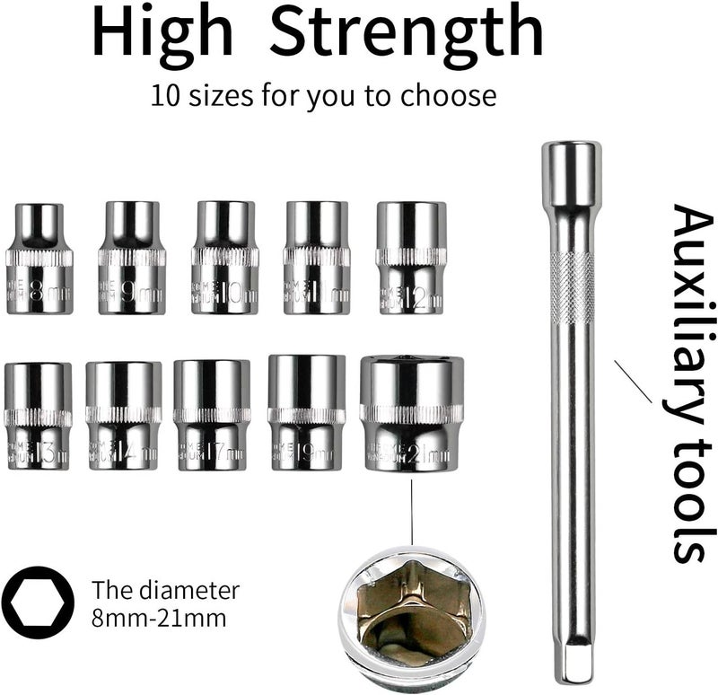 Egofine 12pcs 3/8 Inch Ratchet Socket Wrench Set, Drive Socket Set with 10 Sockets 8-14,17,19,21mm and 2 Way Quick Released Ratchet Handle and Extension Bar - Image 4