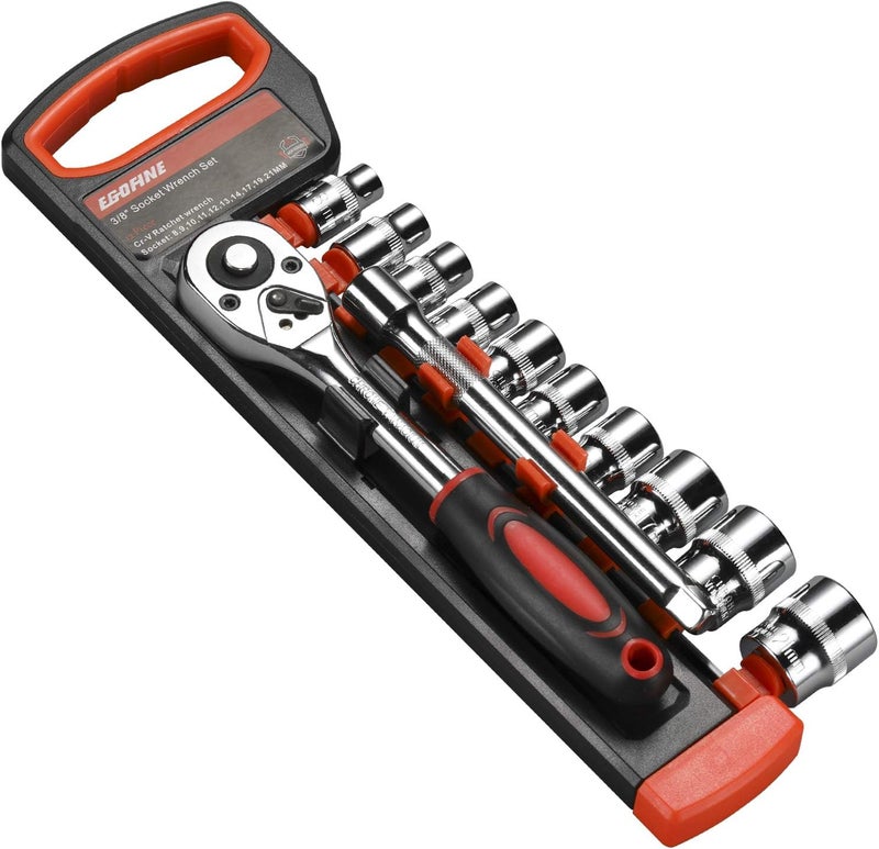 Egofine 12pcs 3/8 Inch Ratchet Socket Wrench Set, Drive Socket Set with 10 Sockets 8-14,17,19,21mm and 2 Way Quick Released Ratchet Handle and Extension Bar - Image 1