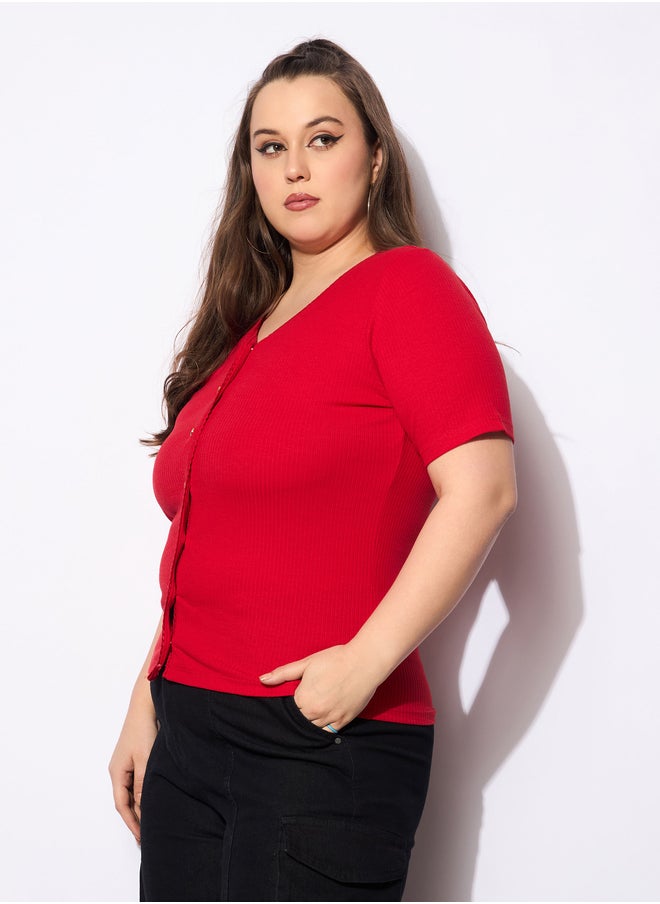 SASSAFRAS Plus Size V-Neck Buttoned Short Sleeve Top  - Image 3