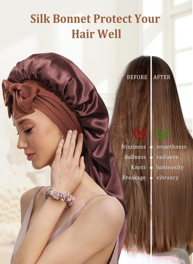AWAYTR Long Silk Bonnet for Sleeping - 100% Mulberry Silk Bonnet for Women Long Hair Sleep Cap with Elastic Tie Band (Brown) - Image 3
