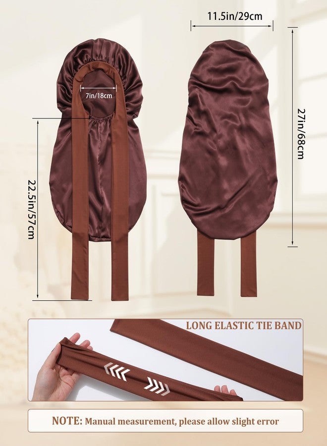 AWAYTR Long Silk Bonnet for Sleeping - 100% Mulberry Silk Bonnet for Women Long Hair Sleep Cap with Elastic Tie Band (Brown) - Image 2