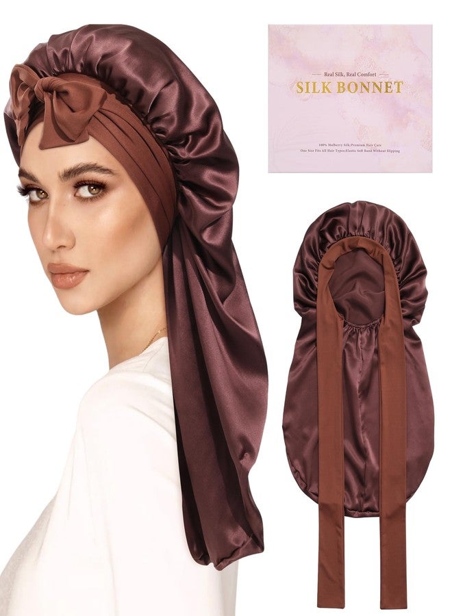 AWAYTR Long Silk Bonnet for Sleeping - 100% Mulberry Silk Bonnet for Women Long Hair Sleep Cap with Elastic Tie Band (Brown) - Image 1