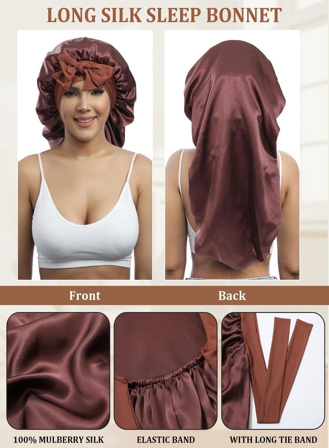 AWAYTR Long Silk Bonnet for Sleeping - 100% Mulberry Silk Bonnet for Women Long Hair Sleep Cap with Elastic Tie Band (Brown) - Image 4