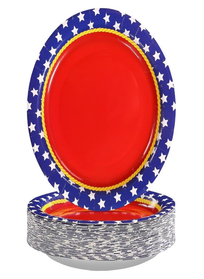 Grencian 50Pcs Patriotic Paper Plates 9 Inch Red White and Blue Round Dessert Plates Super Theme Hero Red Stars Plates for Women Girls Super Memorial Day 250th Anniversary 4th Of July Party Decorations - Image 1