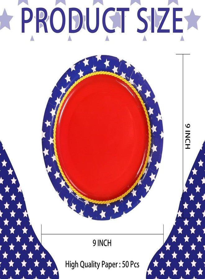 Grencian 50Pcs Patriotic Paper Plates 9 Inch Red White and Blue Round Dessert Plates Super Theme Hero Red Stars Plates for Women Girls Super Memorial Day 250th Anniversary 4th Of July Party Decorations - Image 4