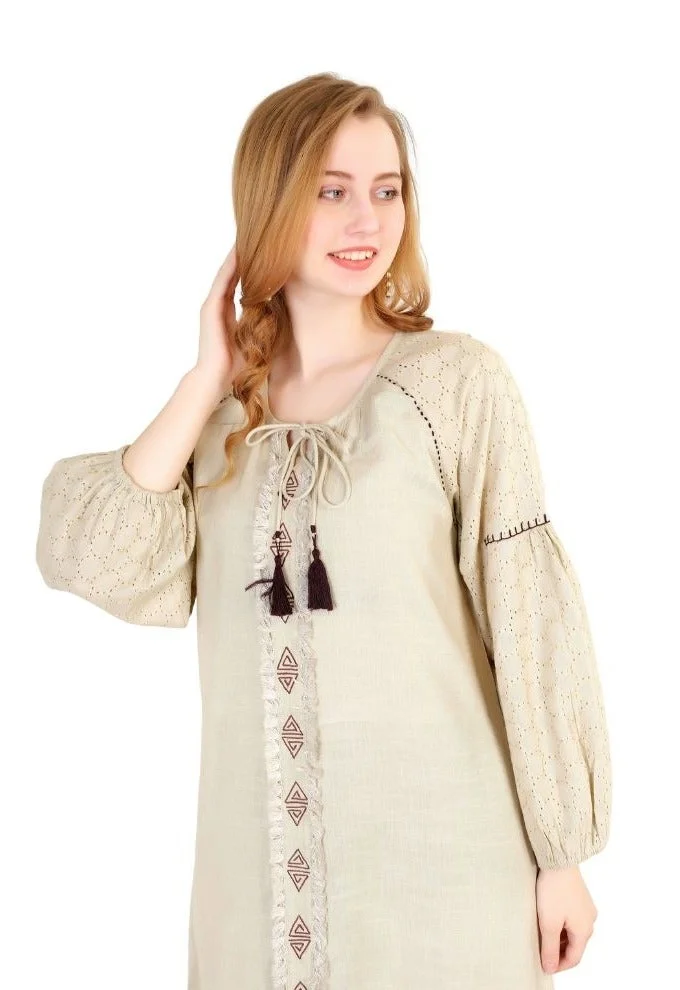 Artemea  SOFT PREMIUM LINEN LOOK COTTON FABRIC WITH EMBROIDERY &LACE SLEEVE DETAILS JALABIYA for Women | Best Price UAE