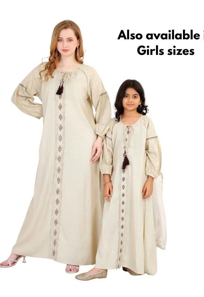 Artemea SOFT PREMIUM LINEN LOOK COTTON FABRIC WITH EMBROIDERY &LACE SLEEVE DETAILS JALABIYA