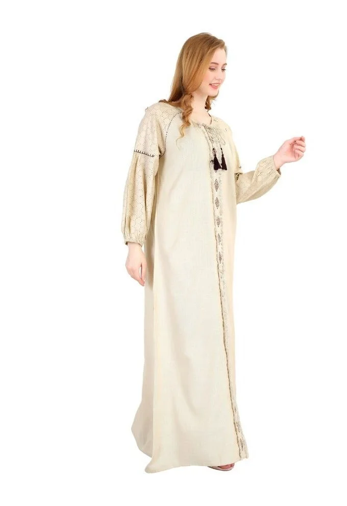 Artemea  SOFT PREMIUM LINEN LOOK COTTON FABRIC WITH EMBROIDERY &LACE SLEEVE DETAILS JALABIYA for Women | Best Price UAE