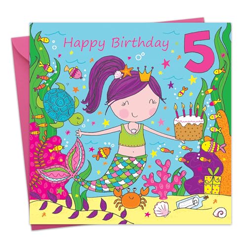 Twizler 5th Birthday Card Girl with Mermaid – Age 5 Birthday Card –Girls Birthday Card Age 5 –Happy Birthday Card 5 Year Old Girl -Childrens Birthday Cards – Happy Birthday Card Girl – Card Age 5 Girl - Image 1