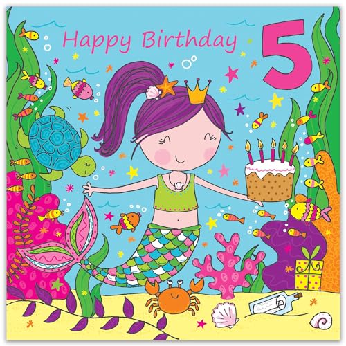 Twizler 5th Birthday Card Girl with Mermaid – Age 5 Birthday Card –Girls Birthday Card Age 5 –Happy Birthday Card 5 Year Old Girl -Childrens Birthday Cards – Happy Birthday Card Girl – Card Age 5 Girl - Image 2