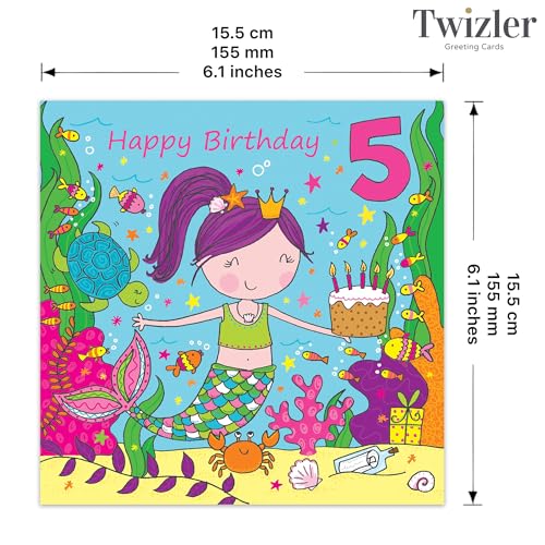 Twizler 5th Birthday Card Girl with Mermaid – Age 5 Birthday Card –Girls Birthday Card Age 5 –Happy Birthday Card 5 Year Old Girl -Childrens Birthday Cards – Happy Birthday Card Girl – Card Age 5 Girl - Image 3