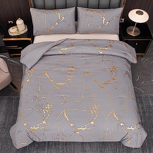MWMWMW Gray Comforter, Grey and Gold Marble Bedding Set, 3 Pcs Luxury Comforter for Men & Women Bedroom, Queen Size with 2 Pillowcases - Image 3