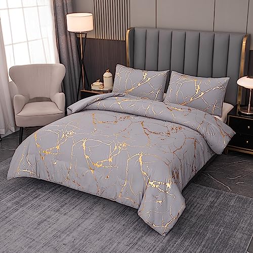 MWMWMW Gray Comforter, Grey and Gold Marble Bedding Set, 3 Pcs Luxury Comforter for Men & Women Bedroom, Queen Size with 2 Pillowcases - Image 2
