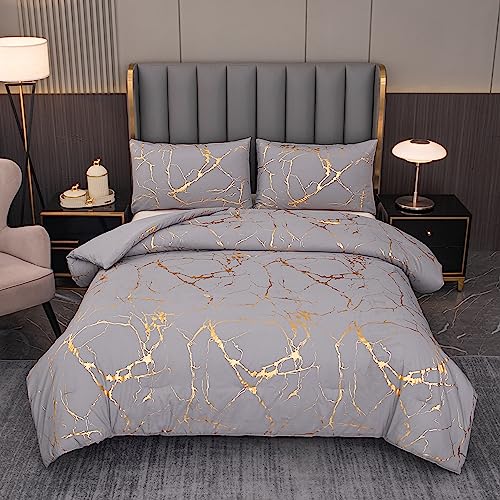 MWMWMW Gray Comforter, Grey and Gold Marble Bedding Set, 3 Pcs Luxury Comforter for Men & Women Bedroom, Queen Size with 2 Pillowcases - Image 1