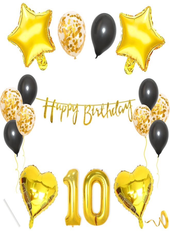 Flyloons 10th Happy Birthday Decoration Kit Gold Black for Ten Year Old Boys Girls Kids Princess Men Women With 10 Pcs Confetti Balloons Birthday Banner 4 Pcs Star Heart Items Set Golden - Image 1