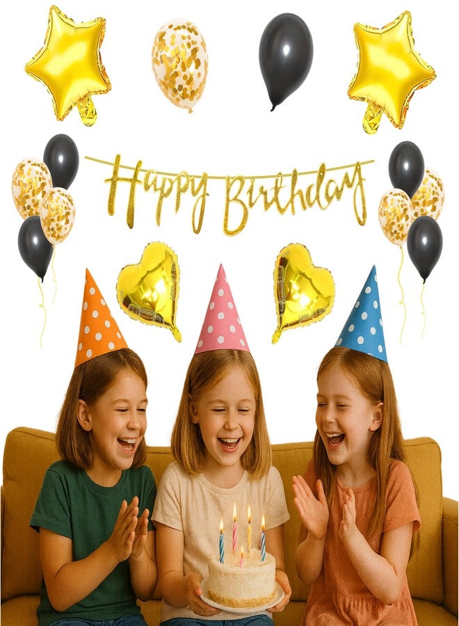 Flyloons 10th Happy Birthday Decoration Kit Gold Black for Ten Year Old Boys Girls Kids Princess Men Women With 10 Pcs Confetti Balloons Birthday Banner 4 Pcs Star Heart Items Set Golden - Image 5