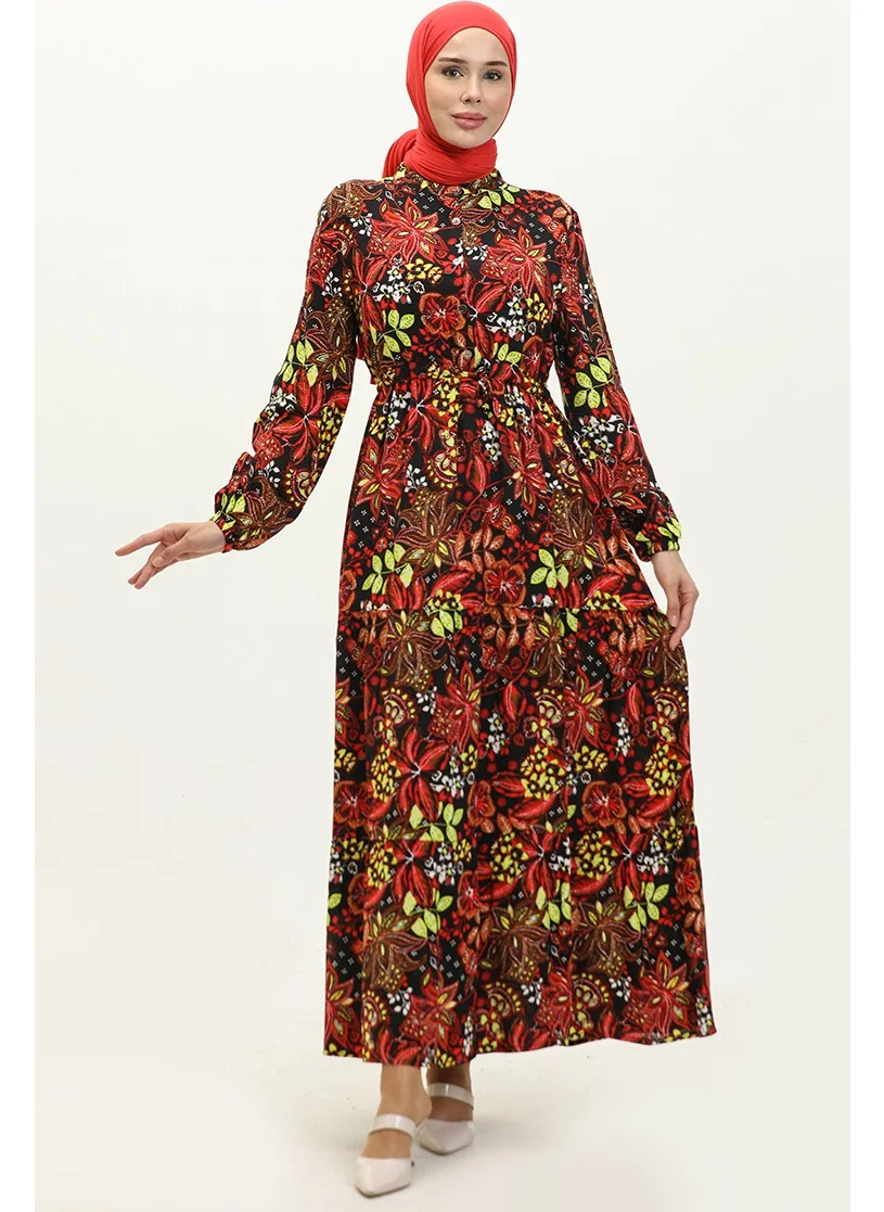 سيفا ميرفي Floral Patterned Dress 0245-01 Black Red