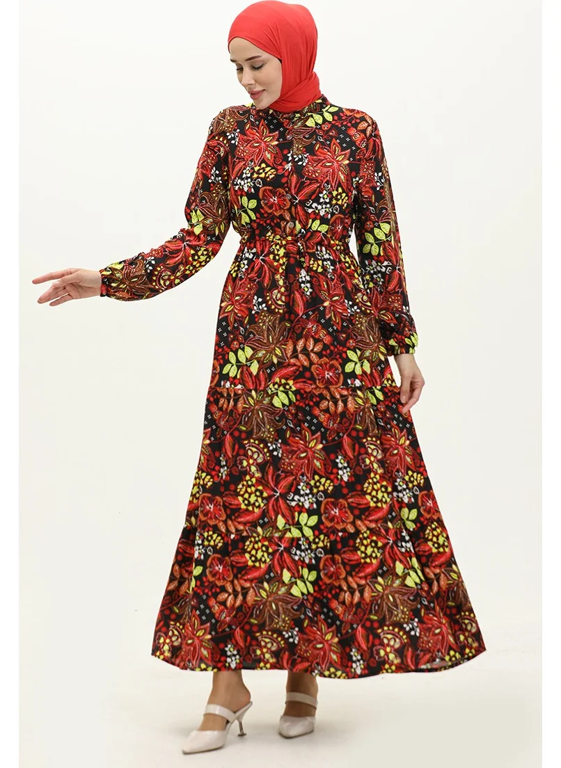 سيفا ميرفي Floral Patterned Dress 0245-01 Black Red