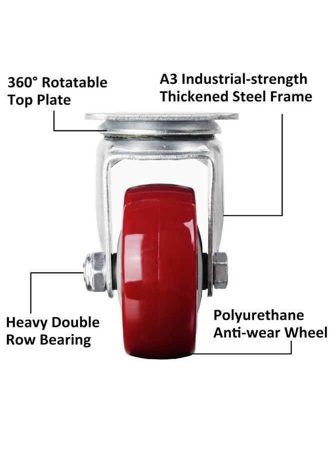 Finnhomy Finnhomy 3 Inch Swivel Casters Wheels Set of 4 Heavy Duty Plate Casters Premium Polyurethane Wheels PU Load Bearing 2,200 Lbs Anti-wear Smooth Casters Red (Free Screws)  - Image 3