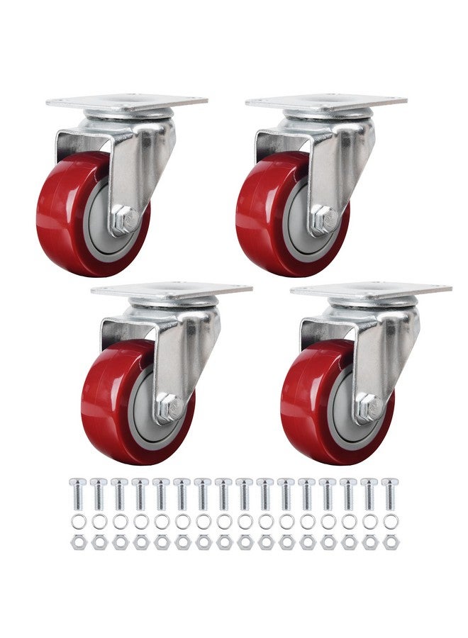 Finnhomy Finnhomy 3 Inch Swivel Casters Wheels Set of 4 Heavy Duty Plate Casters Premium Polyurethane Wheels PU Load Bearing 2,200 Lbs Anti-wear Smooth Casters Red (Free Screws)  - Image 1