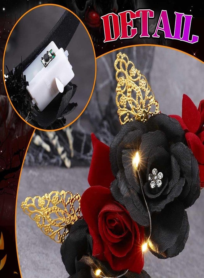 كيلشي طوق رأس مزين بوردة سوداء من كيلشاي، طوق رأس مضيء بنمط قوطي للهالوين، طوق شعر مزين بالزهور ليوم الموتى للنساء - Image 3