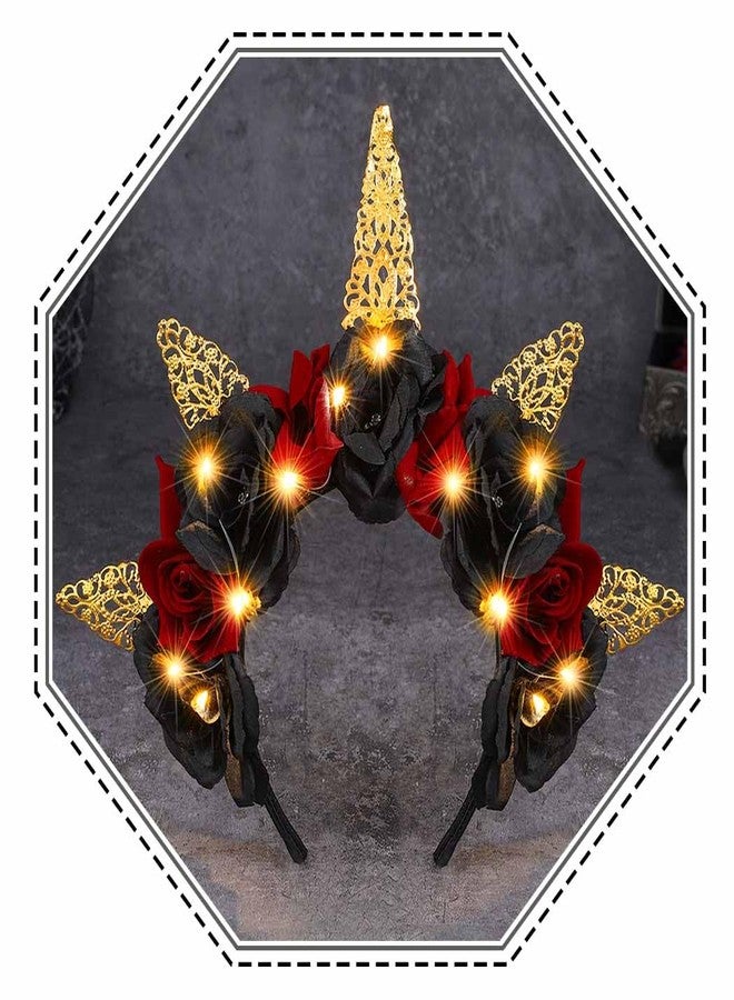 كيلشي طوق رأس مزين بوردة سوداء من كيلشاي، طوق رأس مضيء بنمط قوطي للهالوين، طوق شعر مزين بالزهور ليوم الموتى للنساء - Image 1