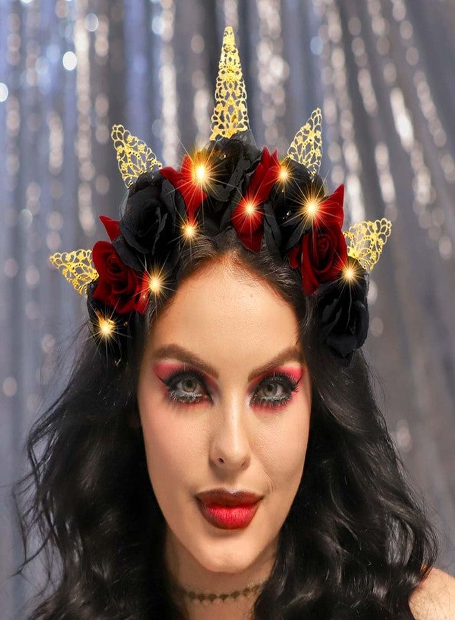 كيلشي طوق رأس مزين بوردة سوداء من كيلشاي، طوق رأس مضيء بنمط قوطي للهالوين، طوق شعر مزين بالزهور ليوم الموتى للنساء - Image 5