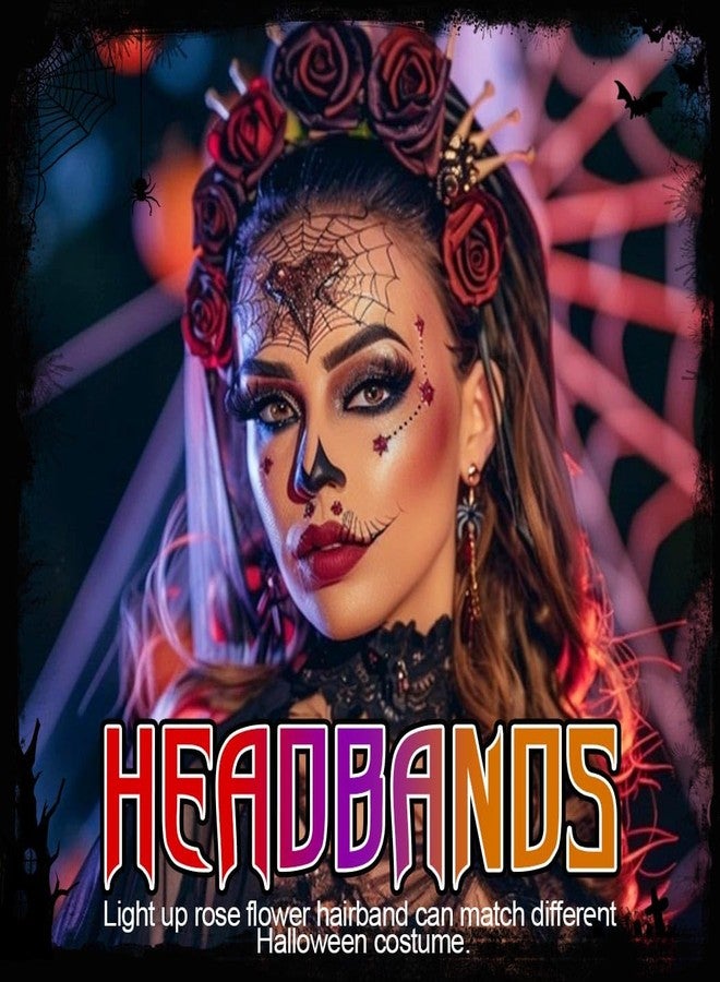 كيلشي طوق رأس مزين بوردة سوداء من كيلشاي، طوق رأس مضيء بنمط قوطي للهالوين، طوق شعر مزين بالزهور ليوم الموتى للنساء - Image 4